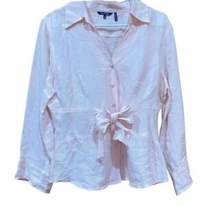 Nic + Zoe Women's Pink Button-Up Tie Front Silk Linen Blend Blouse with Bow SZ L